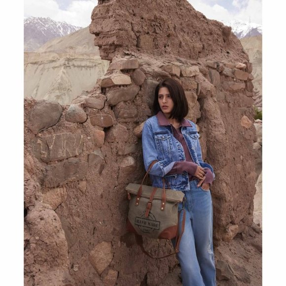 Myra Bag Handmade Hand Shoulder Bag Upcycled Canvas & Cowhide Leather - Picture 2 of 10